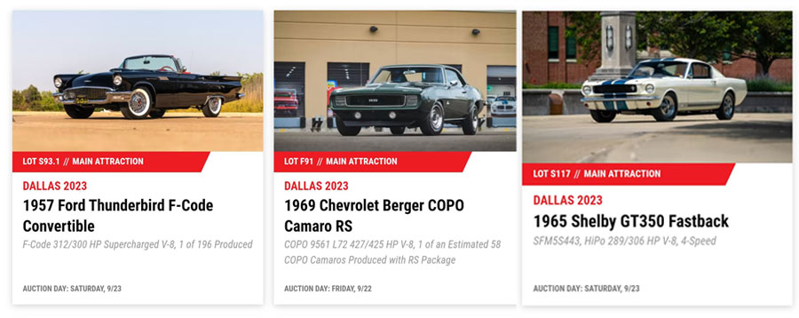Here are three featured Detroit cars up for auction that should bring top dollar: They include a 1957 Ford Thunderbird F-Code Convertible, a 1969 Chevrolet Berger COPO Camaro RS, and a 1965 Shelby GT350 Fastback.