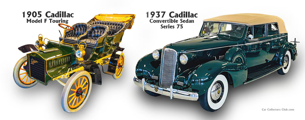 Two collectible cars incude this 1905 Cadillac Touring Model F four-passenger car and a 1937 Cadillac Convertible Sedan Series 75