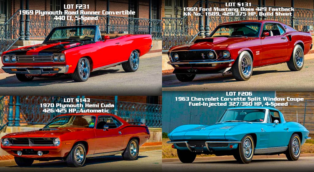 Four Collectible cars displayed a Plymouth Cuda, Corvette, Mustang, and Roadrunner 