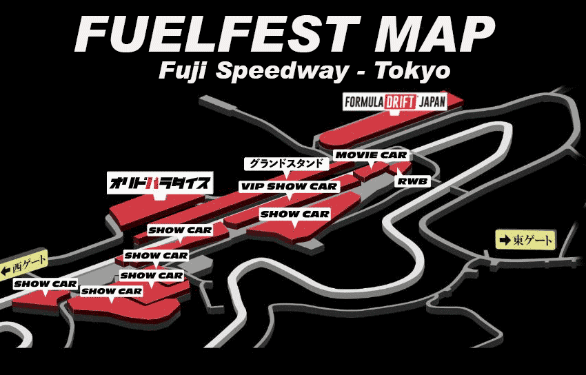 A map of the Fuji Speedway, and the Fuelfest event locations.