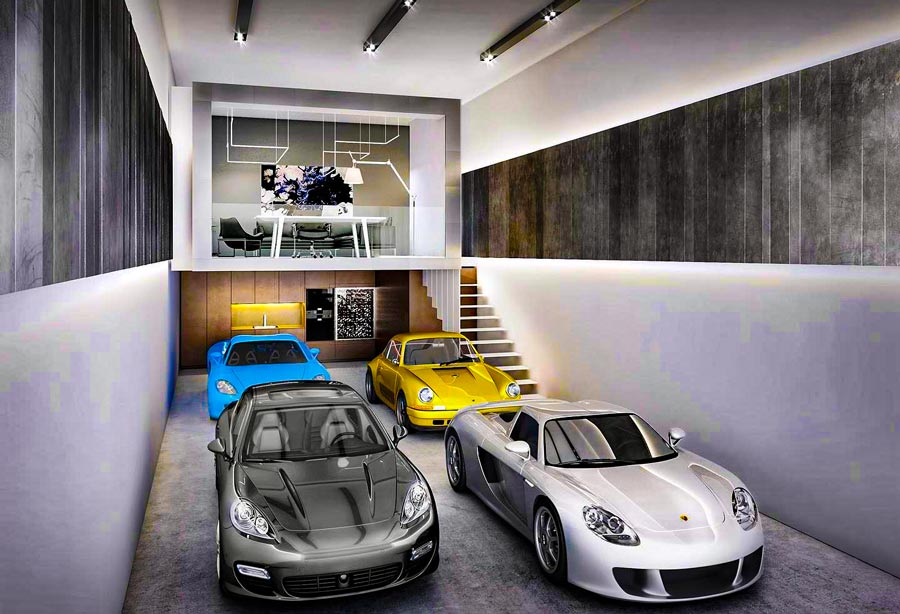 Above is an inside look at a car condo garage storage unit that stores four cars and is equipped with a mezzanine balcony.