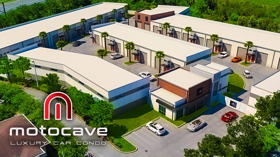 aerial view of the Motocave Car Condo Community, showcasing its clubhouse and 43 luxury car condo garages.