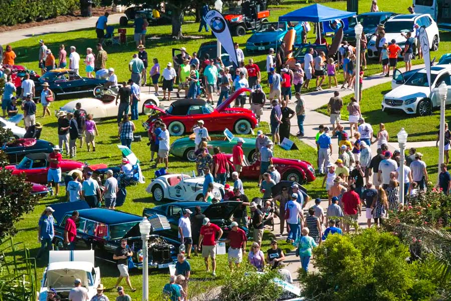 Aerial view of the 400 classic cars at the Lake Mirror Classic Concours d’Elegance and Car Show