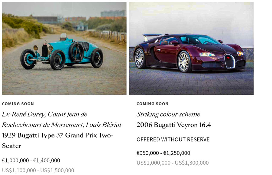 Here are two beautiful Bugattis of two different generations: a 1929 Bugatti Type 37 Grand Prix Two-Seater estimated to sell for €1,000,000 - €1,400,000 and a 2006 Bugatti Veyron 16.4 estimated to sell for €950,000 - €1,250,000.