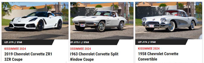 Three Highly Desirable Cars From "The White Collection" Include an "Arctic White" 2019 Chevrolet Corvette ZR1 3ZR Coupe, an "Ermine White" 1963 Chevrolet Corvette Split Window Coupe, and a Snowcrest White 1958 Chevrolet Corvette Convertible.