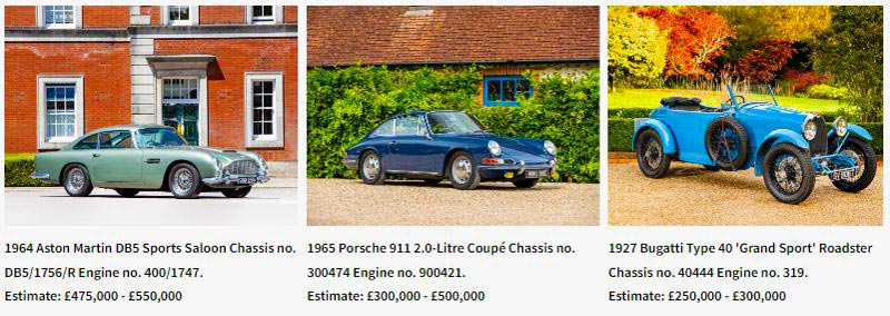 Above are three classic cars that will be up for auciton priced over $300,00. They include a 1964 Aston Martin DB5 Sports Saloon, 1965 Porsche 911 2.0-Litre Coupé, and a 1927 Bugatti Type 40 'Grand Sport' Roadster 