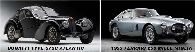 Featured cars include the famous Bugatti Type 57SC Atlantic and a 1953 Ferrari 250 Mille Miglia.