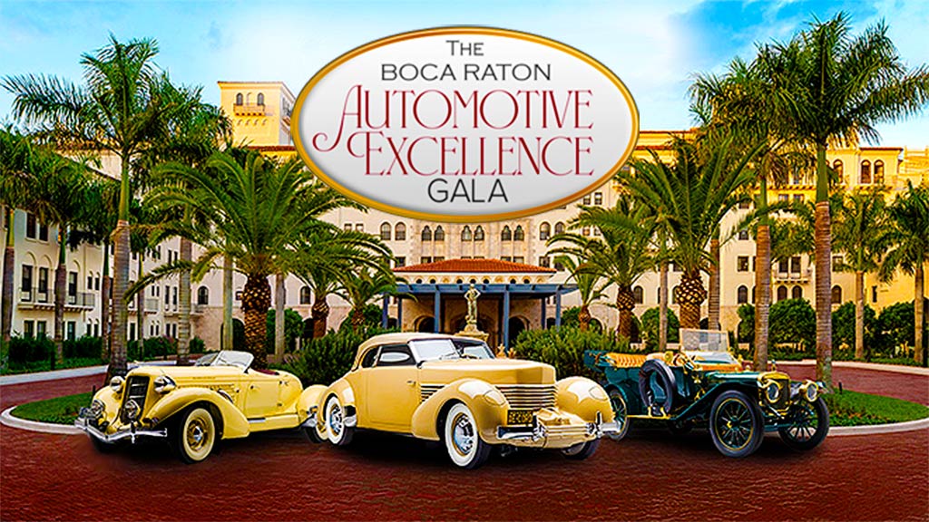 Three vintage cars in front of the Boca Raton Hotel and Resort
