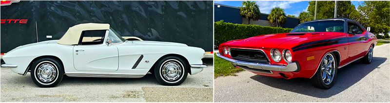 Above are a 1962 Chevrolet Corvette Convertible and a 1973 Dodge Challenger R/T Restomod Coupe that sill come up for sale at the Punta Gorda Classic Car Auction.