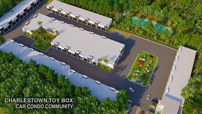 An aerial view of the new Charleston Toybox Car Condo and Car Storage Community