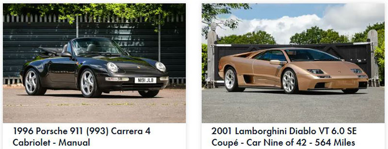 Two vintage car classics to come under the hammer will be a 1996 Porsche 911 (993) Carrera 4 Cabriolet and a 2001 Lamborghini Diablo VT 6.0 SE Coupé only Car Nine of 42 produced with only 564 Original Miles.
