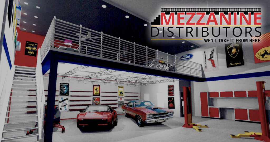 Inside a car condo with a custom mad white mezzanine above rare collector cars