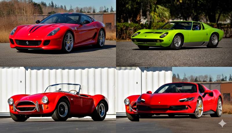 1966 Shelby 427 Cobra Roadster, 2025 Ferrari 296 GTS, 2011 Ferrari 599 GTO, and the classic 1970 Lamborghini Miura P400."