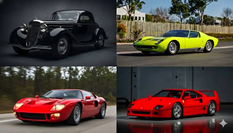 937 Delage D8-120 Coach Aérosport by Letourneur et Marchand, 1969 Lamborghini Miura P400S by Bertone, 1967 Ford GT40 Mk I, and 1992 Ferrari F40.