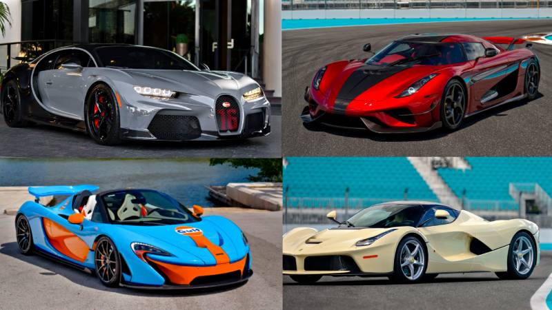 Starting from the upper left and moving clockwise: a Black Carbon 2024 Bugatti Chiron Super Sport; a 1,500-bhp 2019 Koenigsegg Regera; a twin-turbocharged V-8, 7-speed 2015 McLaren P1 Spider with coachwork by Lanzante Limited; and the $9,500,000 ex-Sammy Hagar (one-of-one) 2015 Ferrari LaFerrari, featuring a V-12 engine and a 7-speed transmission capable of 0–60 mph in under 2.4 seconds.
