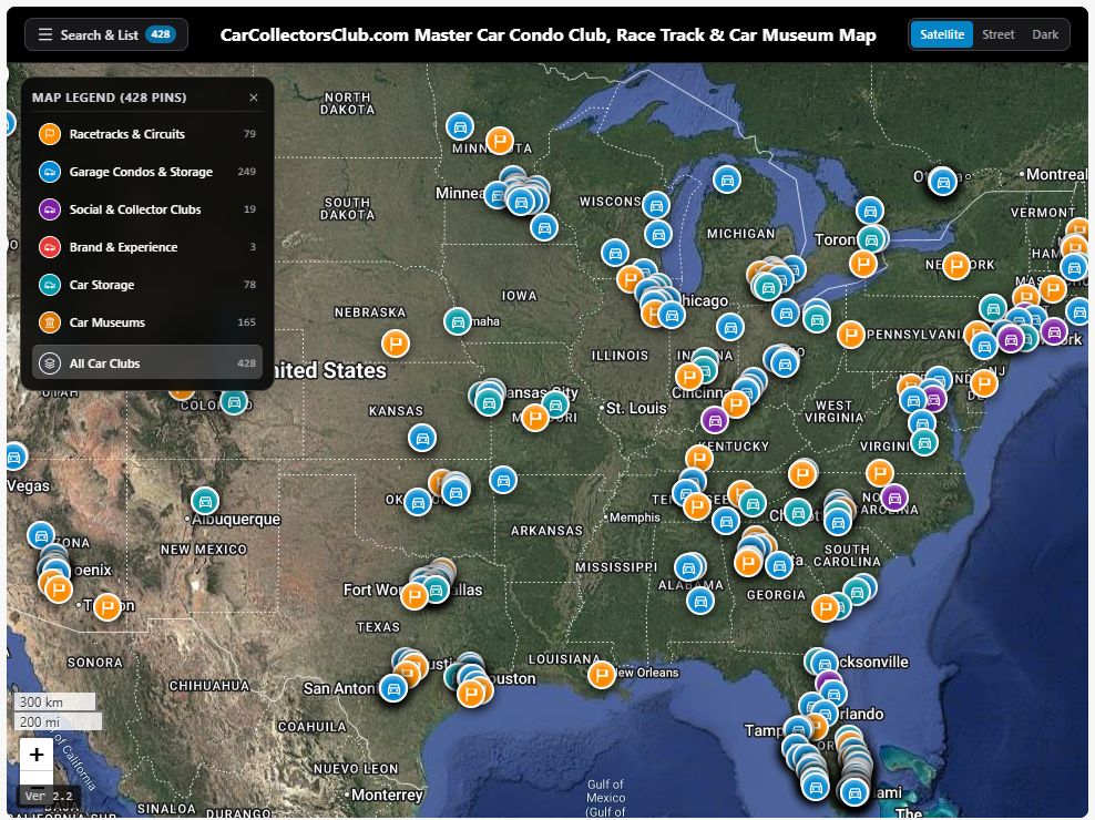 Interactive automotive map showing car clubs, tracks, garage communities, and museums across North America