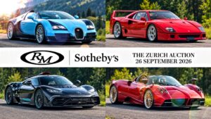 The Zurich Auction 26 September 2026 feature a Bugatti Veyron Grand Sport, Ferrari F40, Mercedes-AMG ONE and a Pagani Huayra Roadster