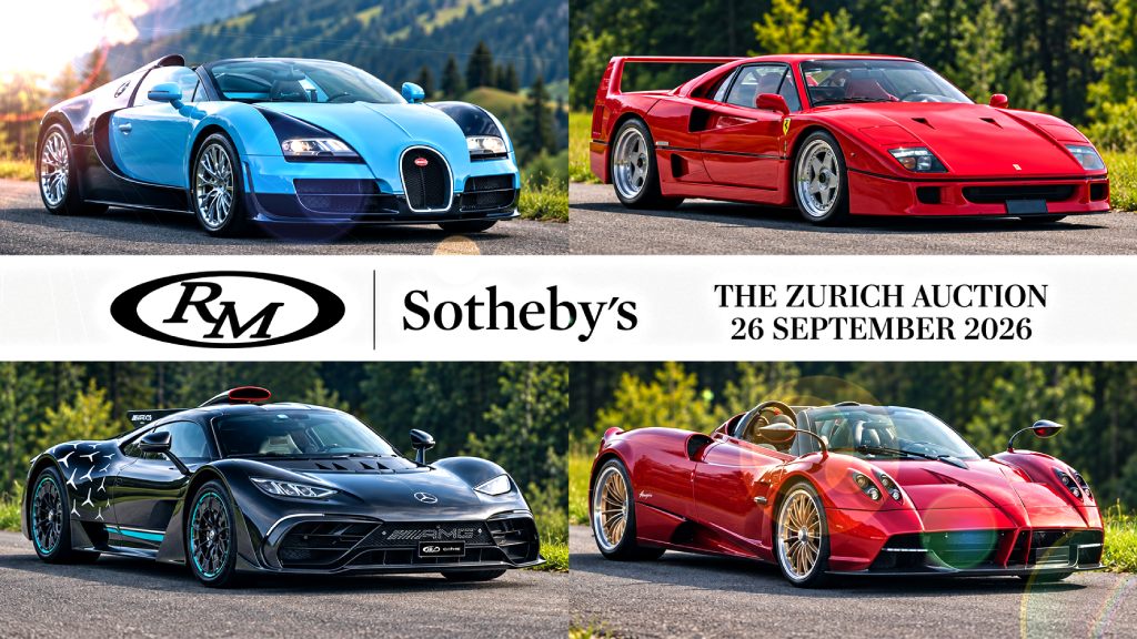 The Zurich Auction 26 September 2026 feature a Bugatti Veyron Grand Sport, Ferrari F40, Mercedes-AMG ONE and a Pagani Huayra Roadster