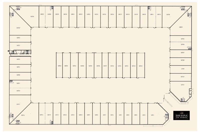 Daytona Toy Storage site plan showing 63 luxury garage condominiums and wide central drive areas