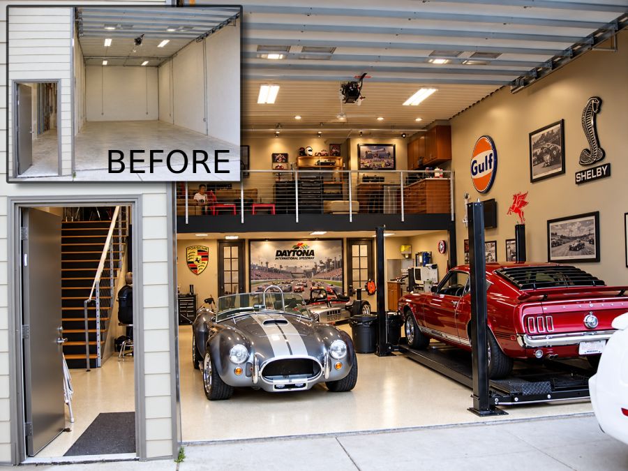 Customized Daytona Toy Storage garage condominium interior for collector cars with before and after view