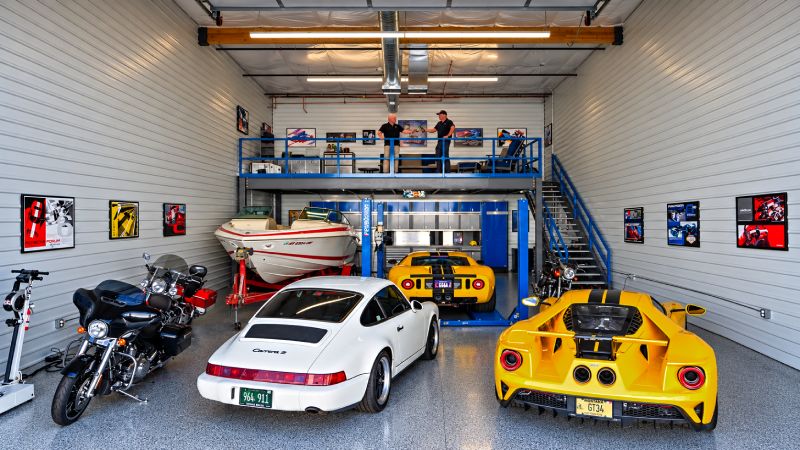Inside an existing Motor-Vault garage suite in Arizona, showing how owners can customize their space for collector cars, motorcycles, boats, lifts, storage, and mezzanine