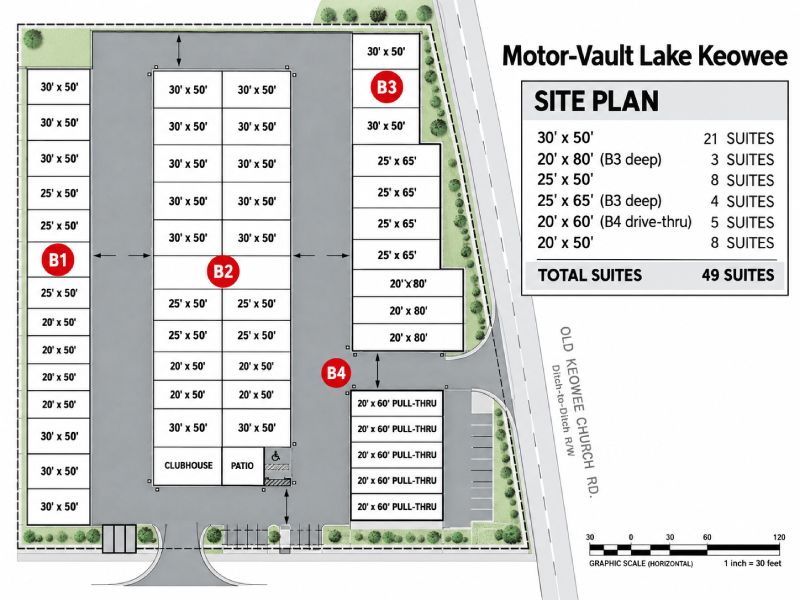 Site plan for Motor-Vault Lakeside @ Lake Keowee showing the 49 private garage suites