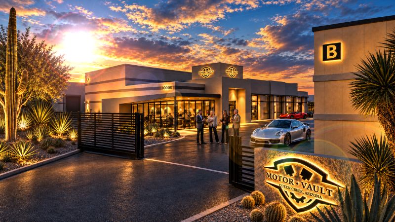 Conceptual rendering of the gated entrance and clubhouse at Motor-Vault Queen Creek Car condo Garage