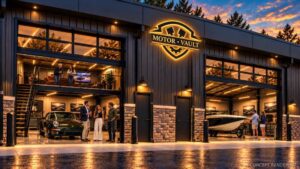 Exterior view into two customized Motor-Vault car condo garages, showing a classic Porsche, a boat, mezzanine lounge space, and owners socializing inside the private garage suites at dusk.