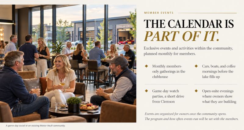Motor-Vault members socializing in a clubhouse beside a graphic listing planned events including Cars and Coffee, Boats and Bagels, game-day watch parties, and open-suite evenings.
